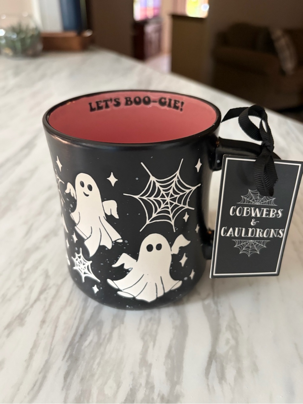LET’S BOO-GIE COBWEBS & CAULDRONS Ghost Mug - Black with Pink Interior NWT
